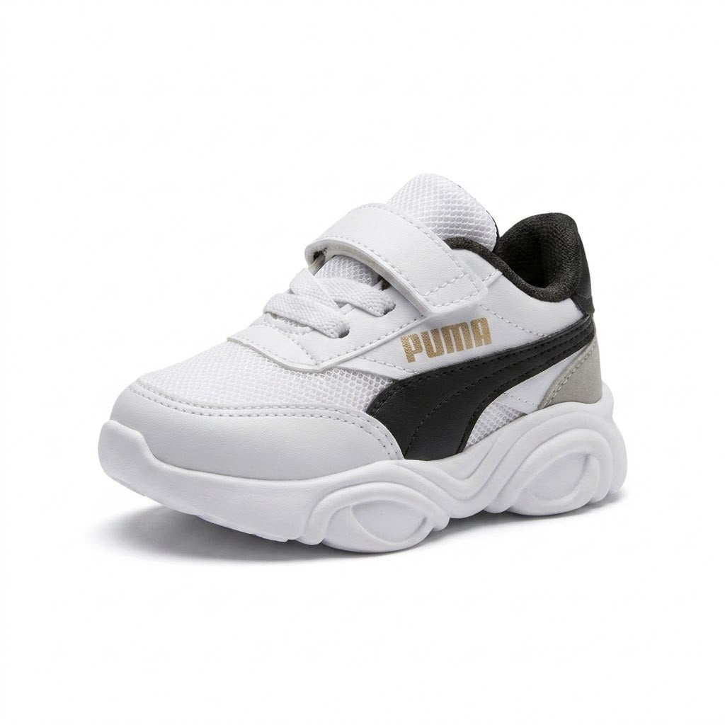 Puma Kids' Chunky Retro Sneakers – White, Black, and Gold (Toddler/Preschool)