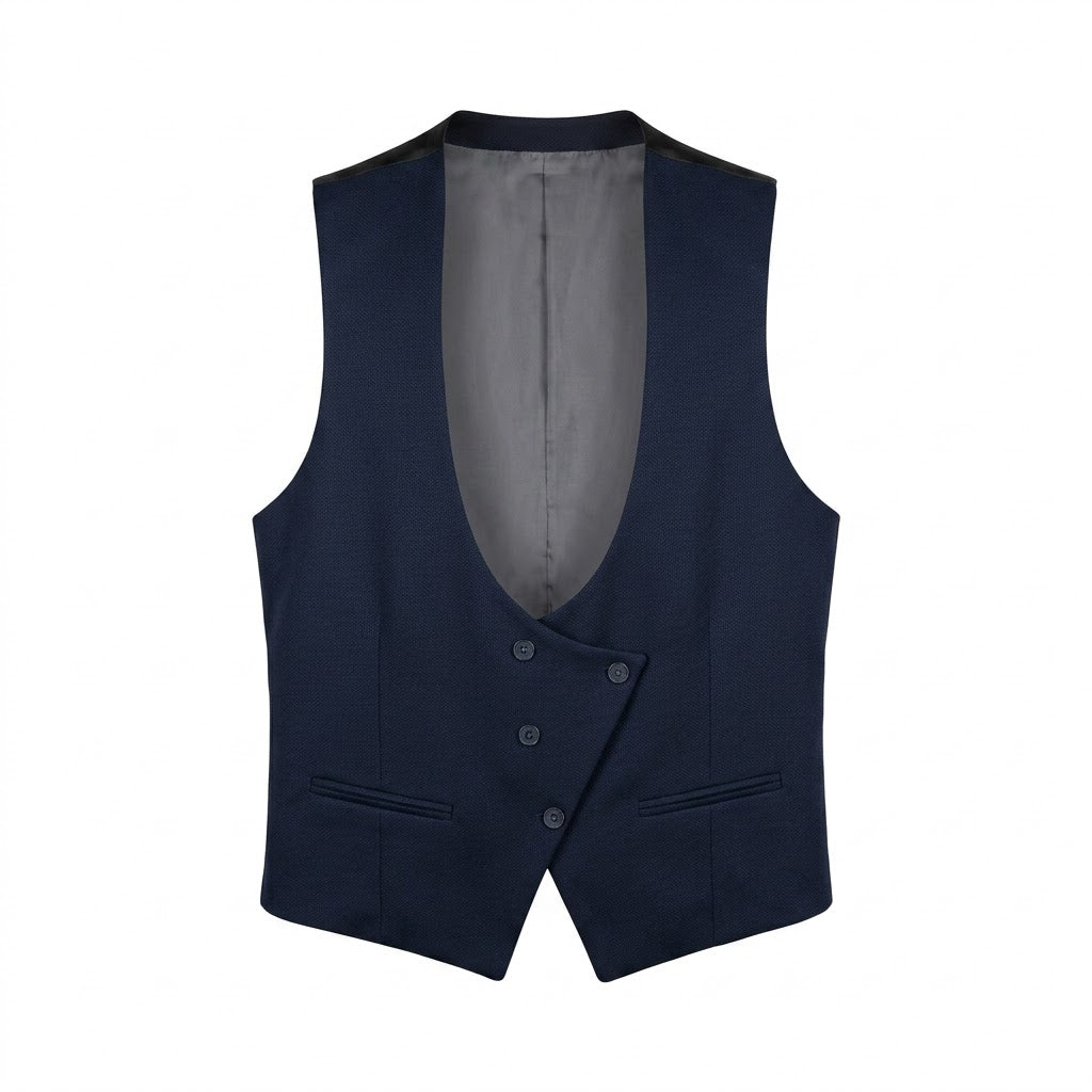 Men's Premium Navy Blue Asymmetric Horseshoe Waistcoat – Slim Fit Low-Cut Dress Vest