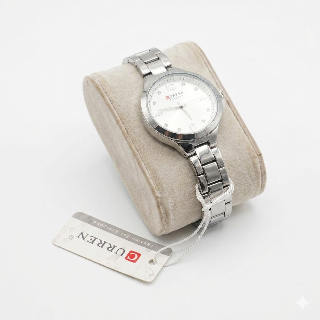 CURREN Blanche Women's Luxury Quartz Watch – Radiant White Sunray Dial with Silver Stainless Steel Bracelet
