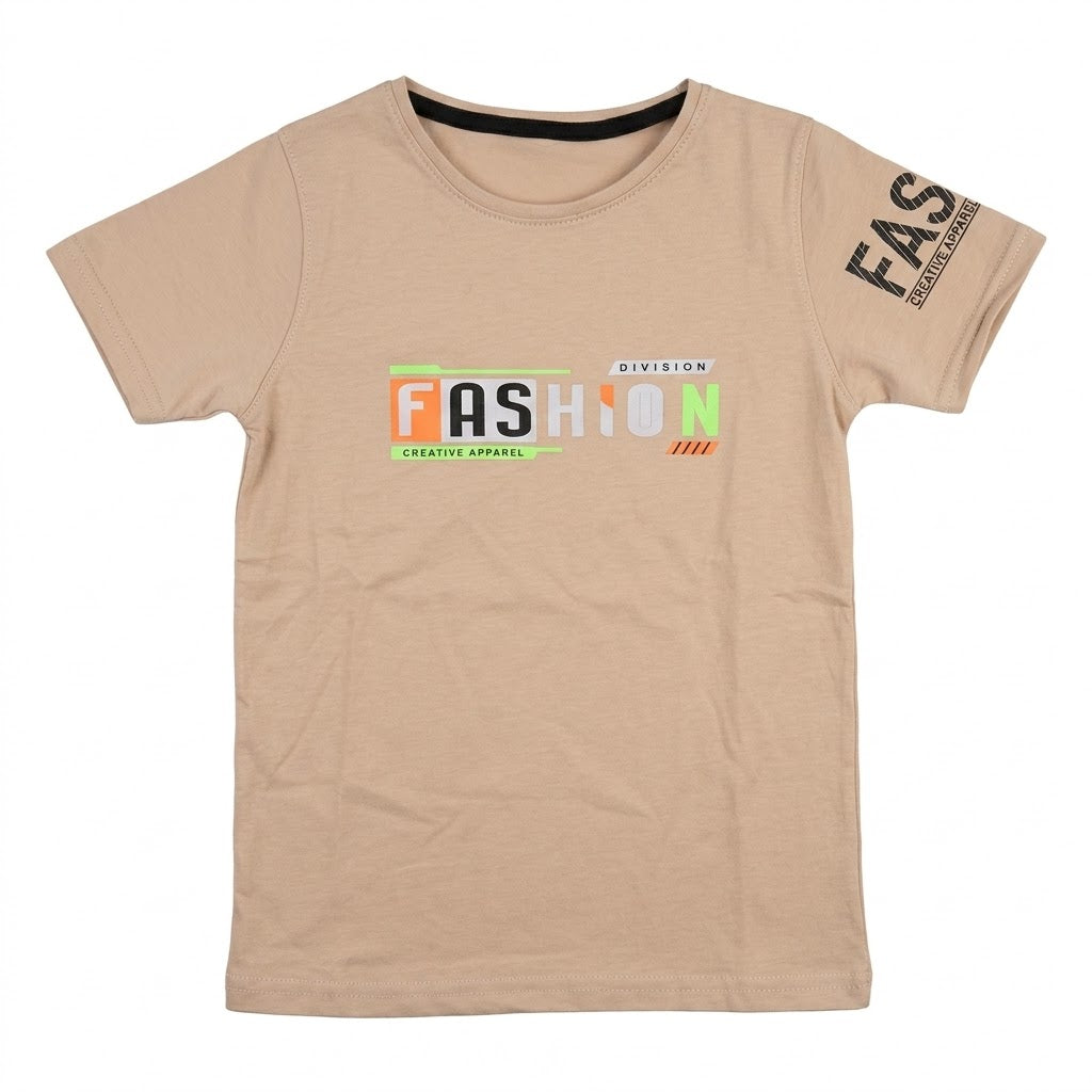 Kids' "FASHION Creative Apparel" Block Graphic Beige Crewneck T-Shirt