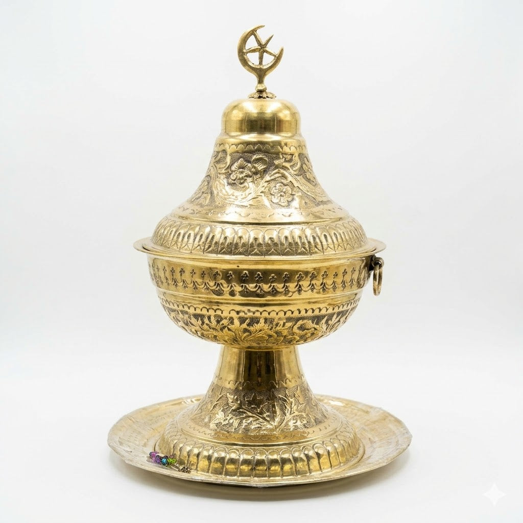 Traditional Engraved Brass Offering Bowl with Matching Platter and Crescent Finial Lid