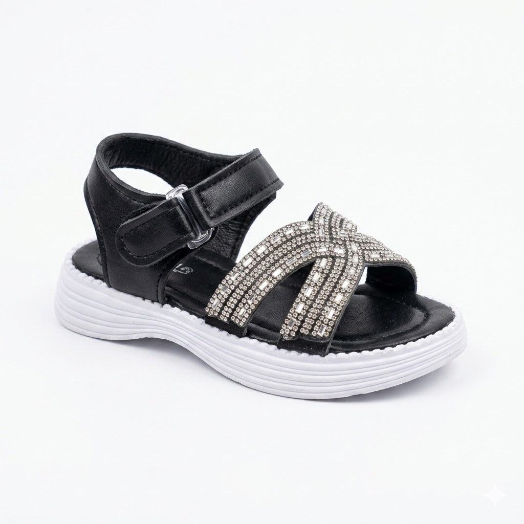 Girls' Rhinestone Embellished Sporty Sandals - Black & White
