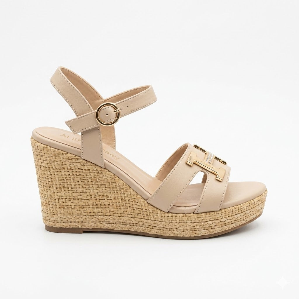 Beige Espadrille Wedge Sandals with Gold 'H' Emblem