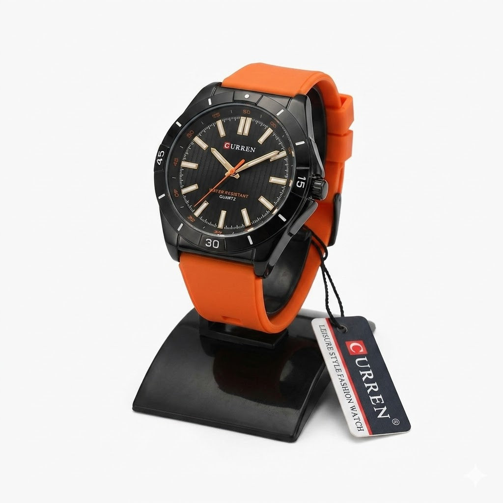 CURREN Men's Sport Quartz Watch – Striking Orange Silicone Strap with Black Dial & Rotating Bezel Aesthetic