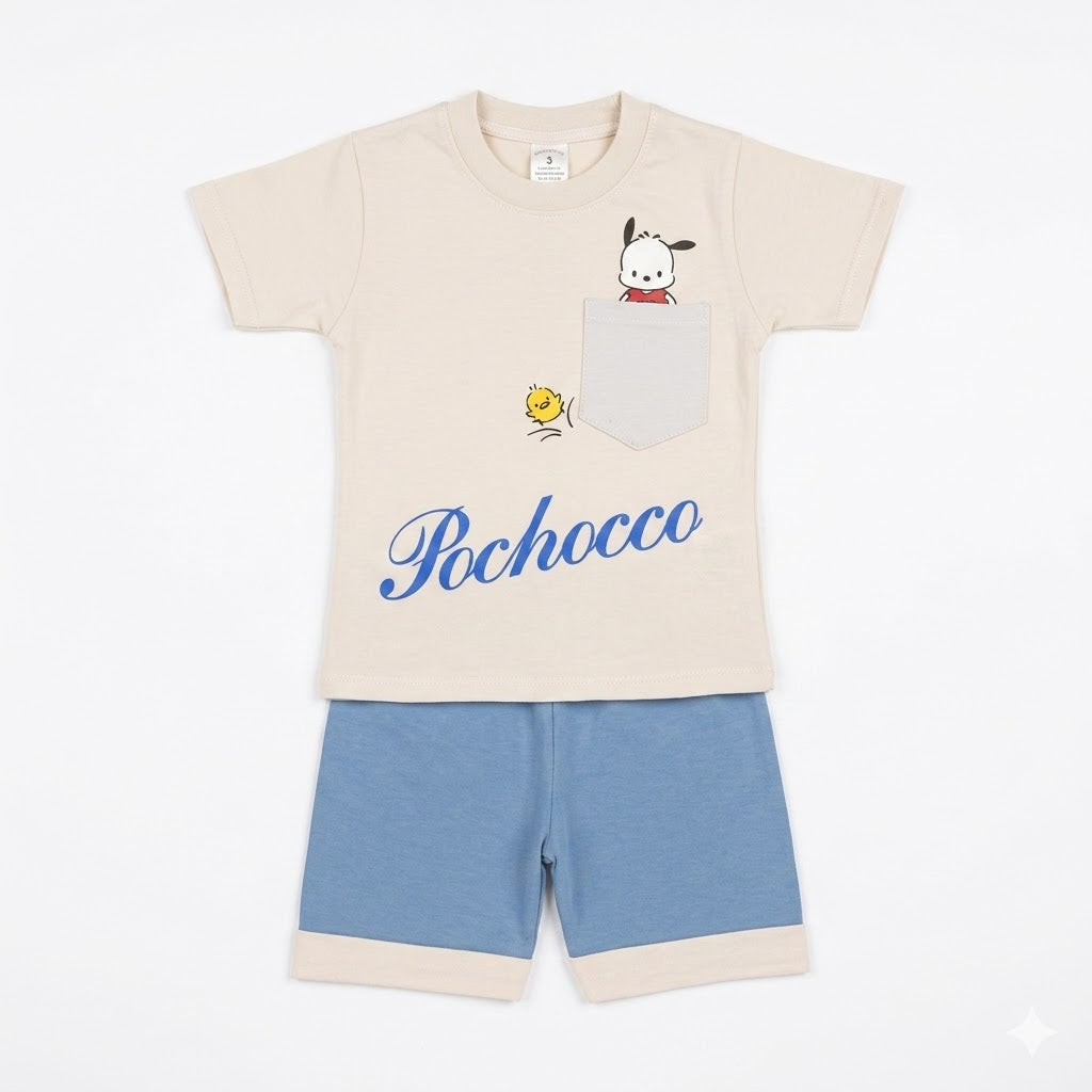 "Pochacco" Sanrio Kids' Two-Piece Summer Outfit Set – Pocket T-Shirt & Blue Shorts