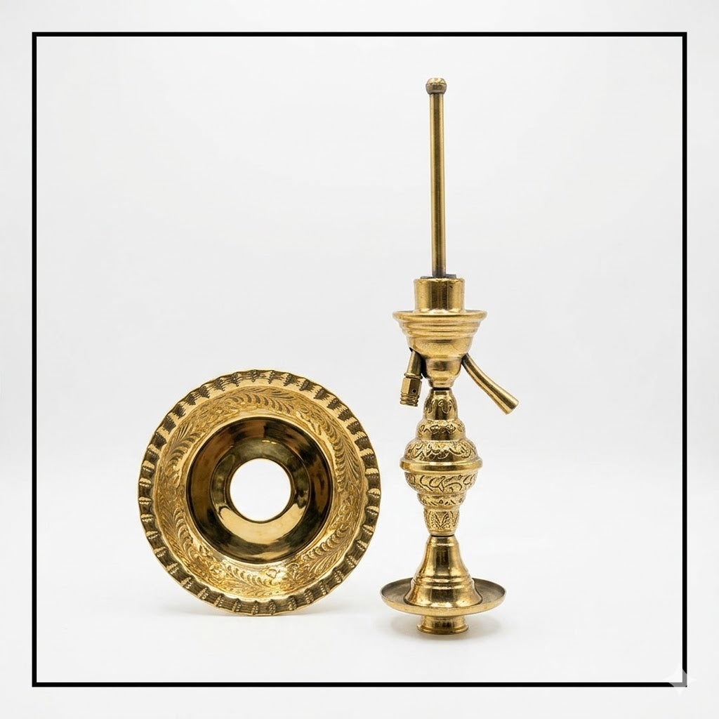 Traditional Engraved Brass Rosewater Sprinkler (Gulab Pash) with Matching Drip Tray