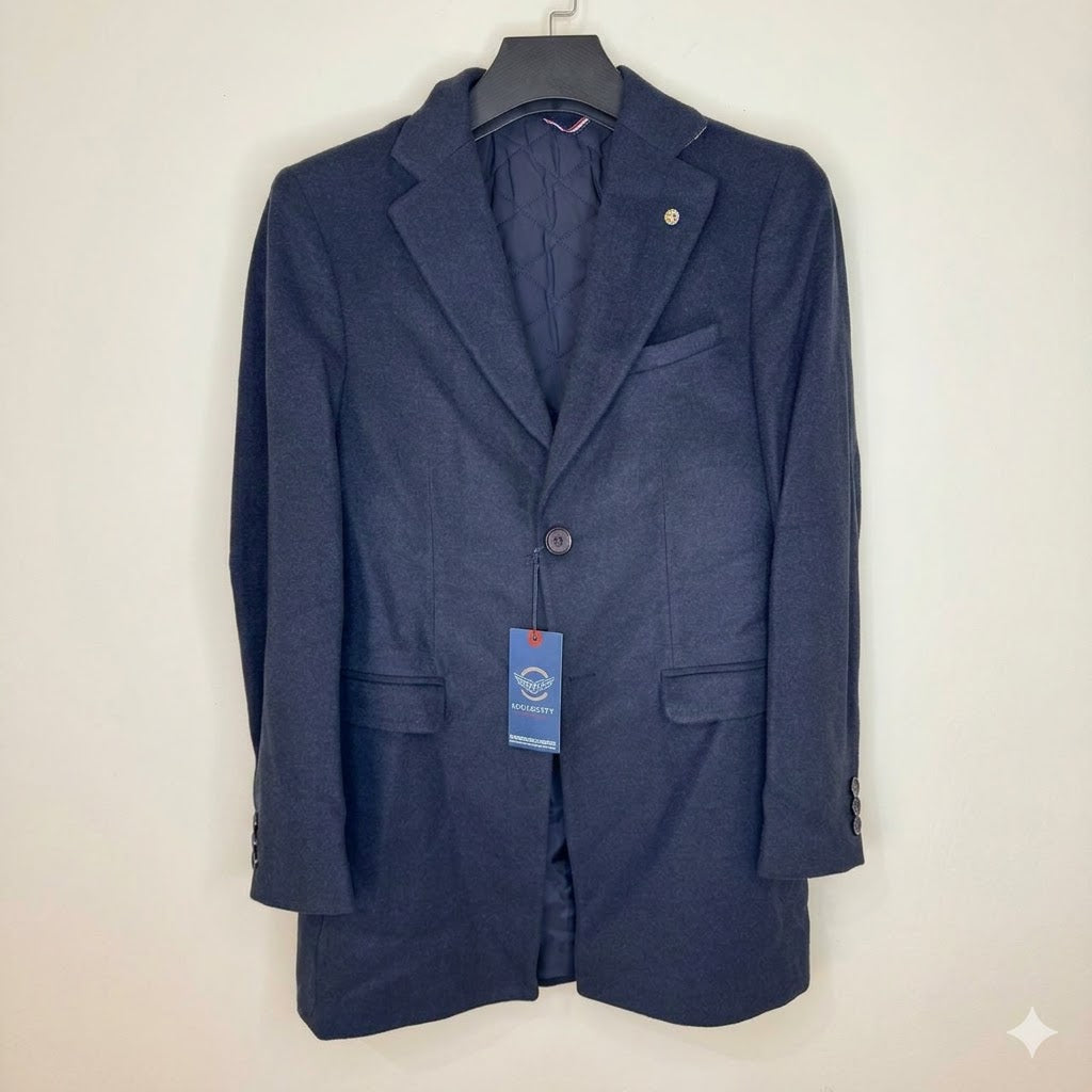 Soul & City Men's Tailored Wool Blend Overcoat – Dark Navy Blue Mid-Length Car Coat NWT