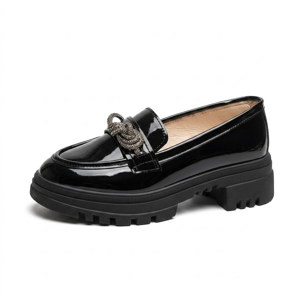 Women's High-Shine Patent Platform Loafers with Rhinestone Bow – Jet Black