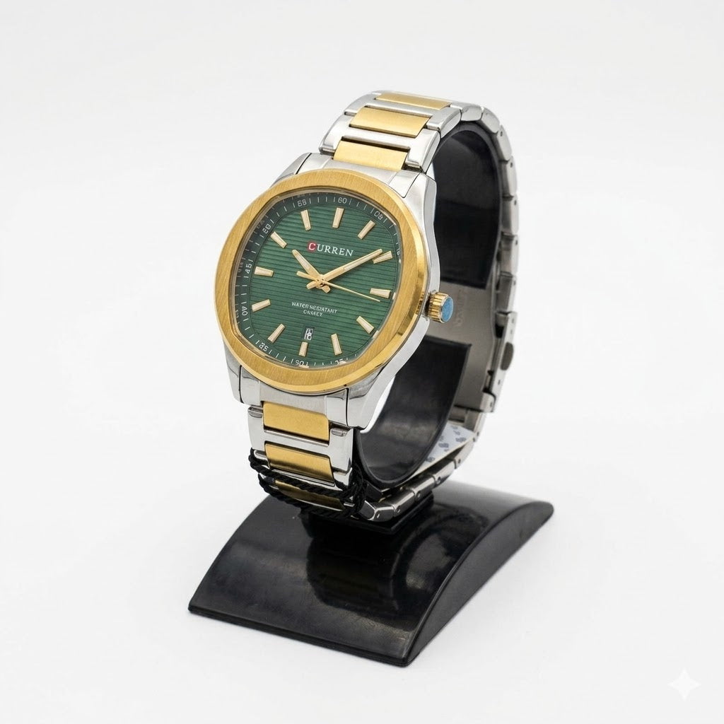 CURREN Men's Luxury Quartz Watch – Emerald Green Dial with Two-Tone Gold & Silver Stainless Steel Band