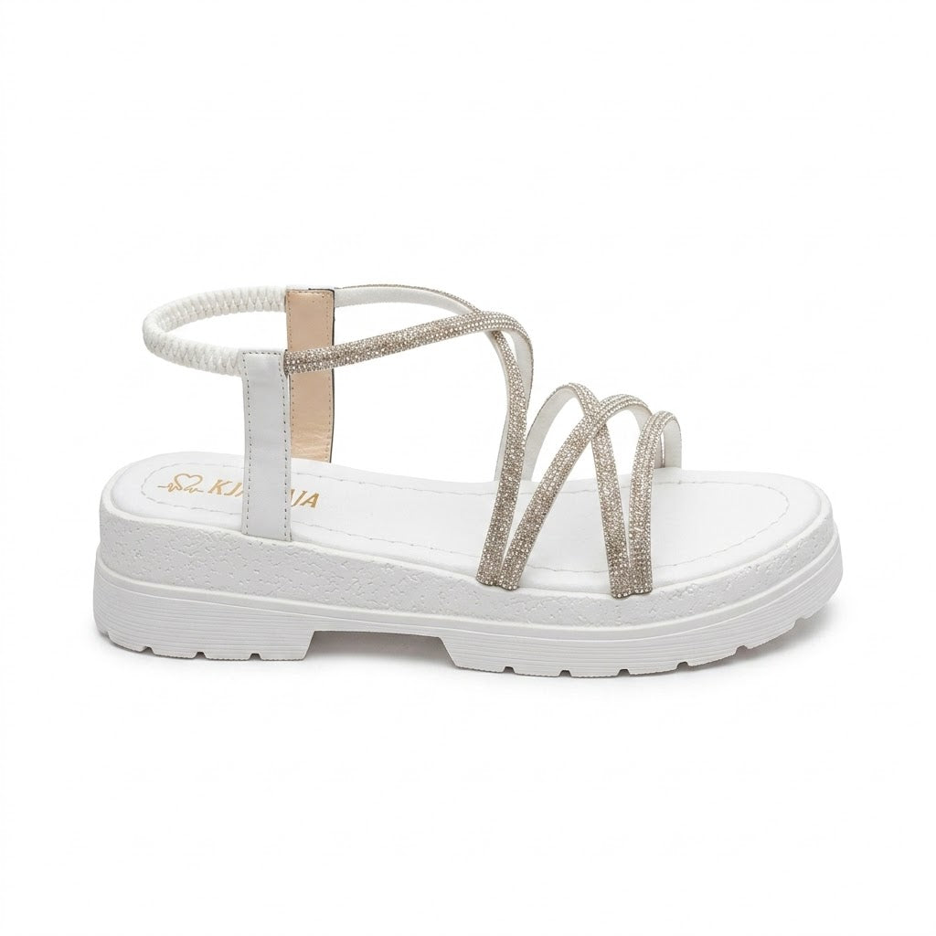 White Chunky Platform Sandals with Rhinestone Straps