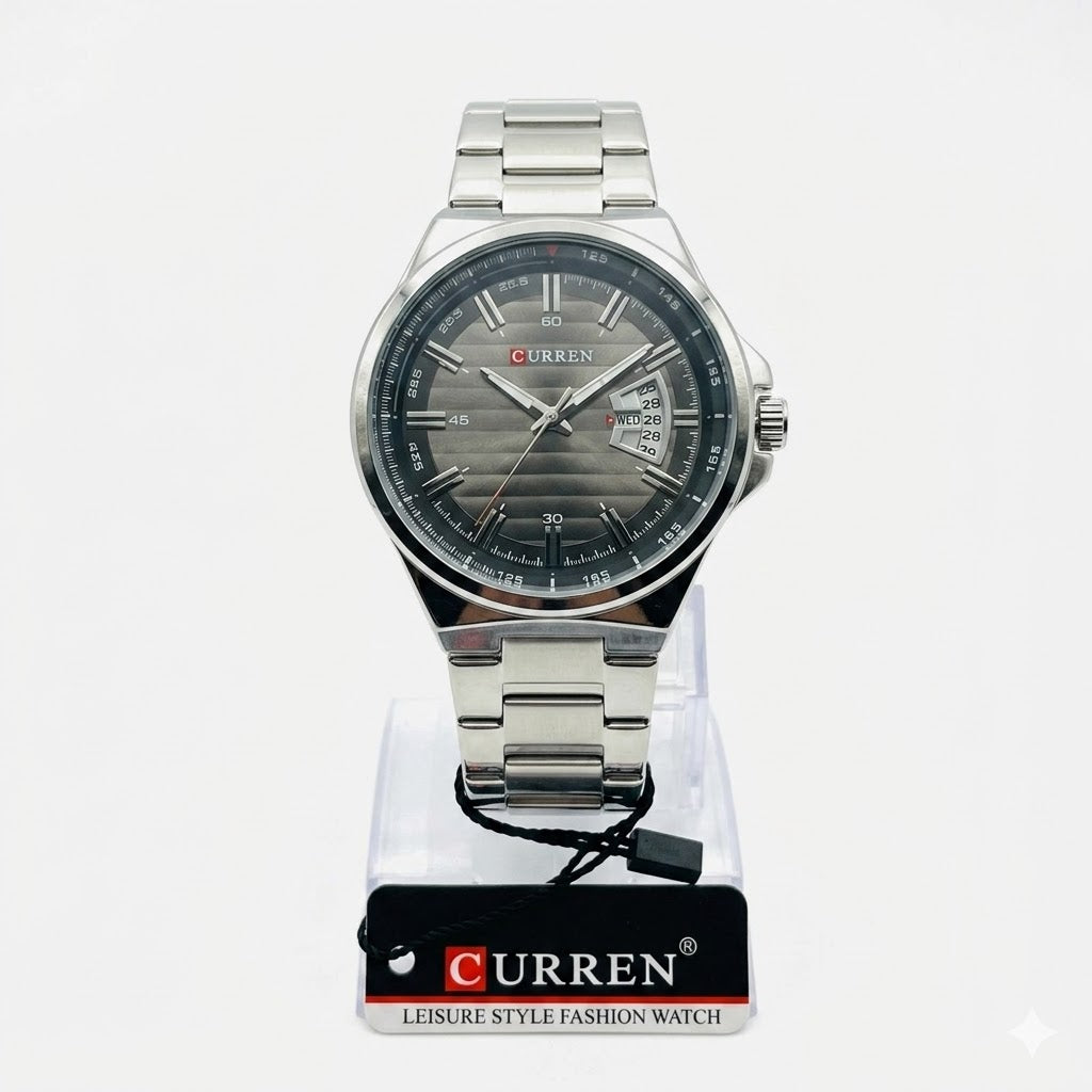 CURREN Men's Executive Quartz Watch – Textured Slate Grey Dial with Stainless Steel Band and Day-Date Display