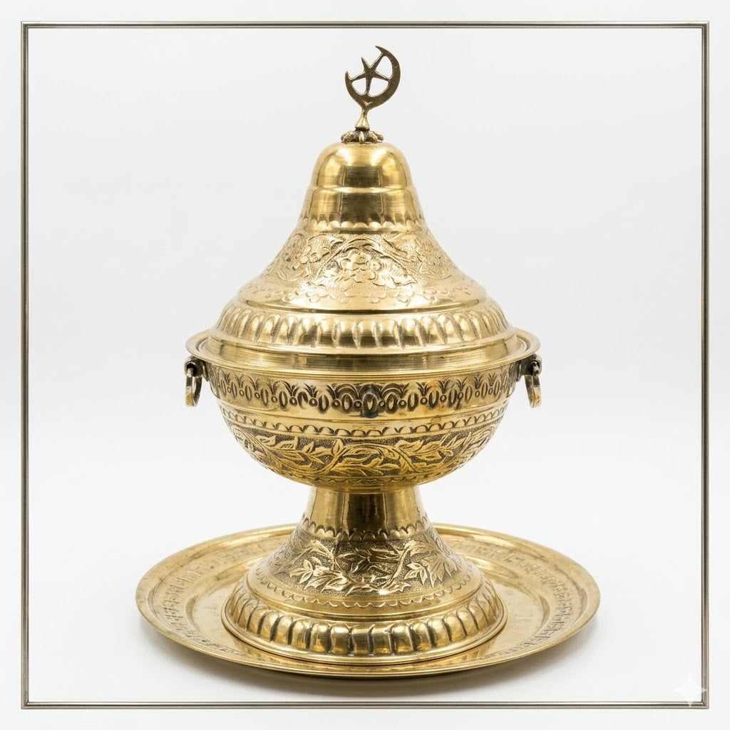Ornate Engraved Decorative Offering Bowl with Display Tray and Crescent Lid Finial