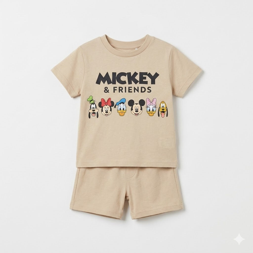 "Mickey & Friends" Kids' Two-Piece Summer Outfit Set – Beige Graphic T-Shirt & Shorts