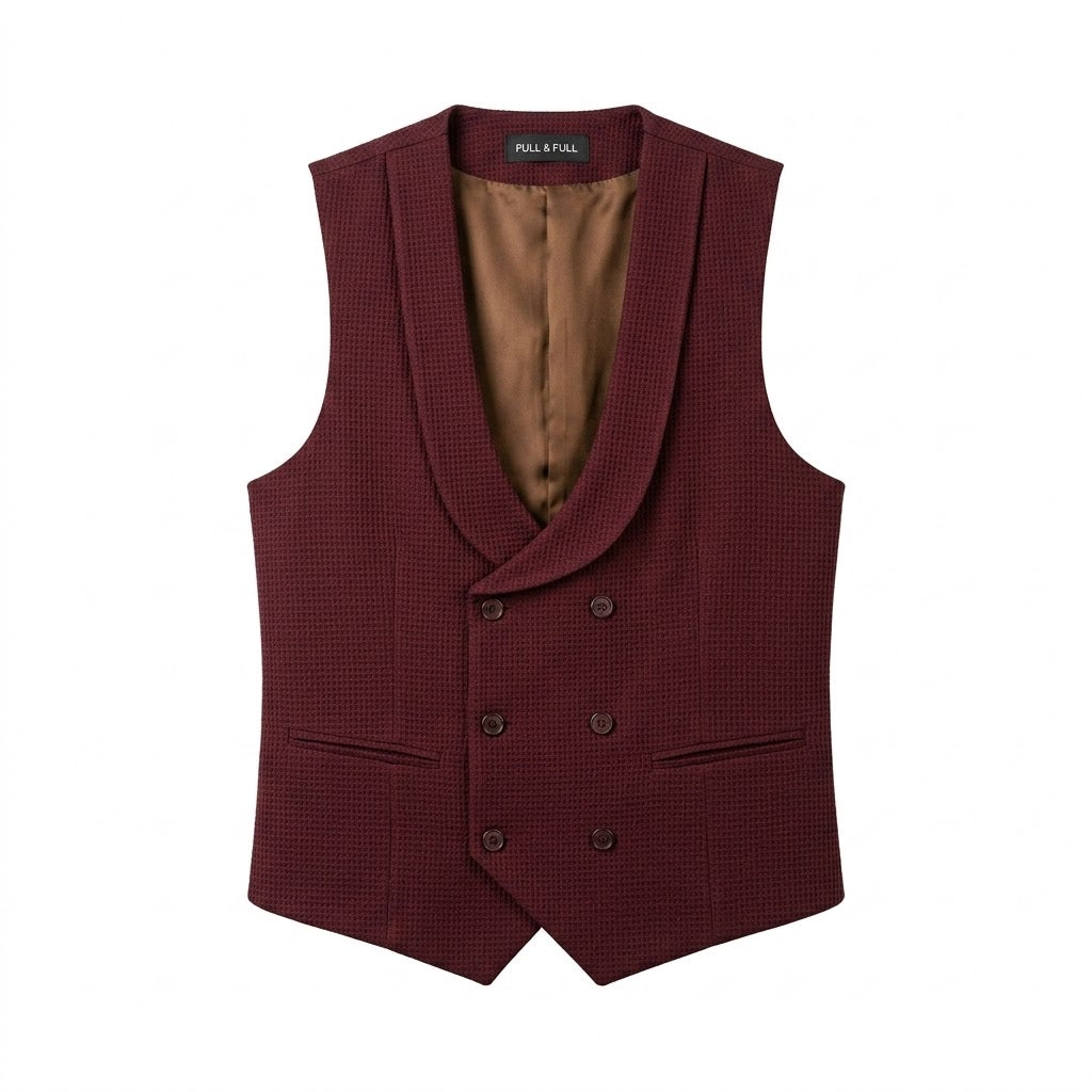 Men's Maroon Textured Double-Breasted Waistcoat