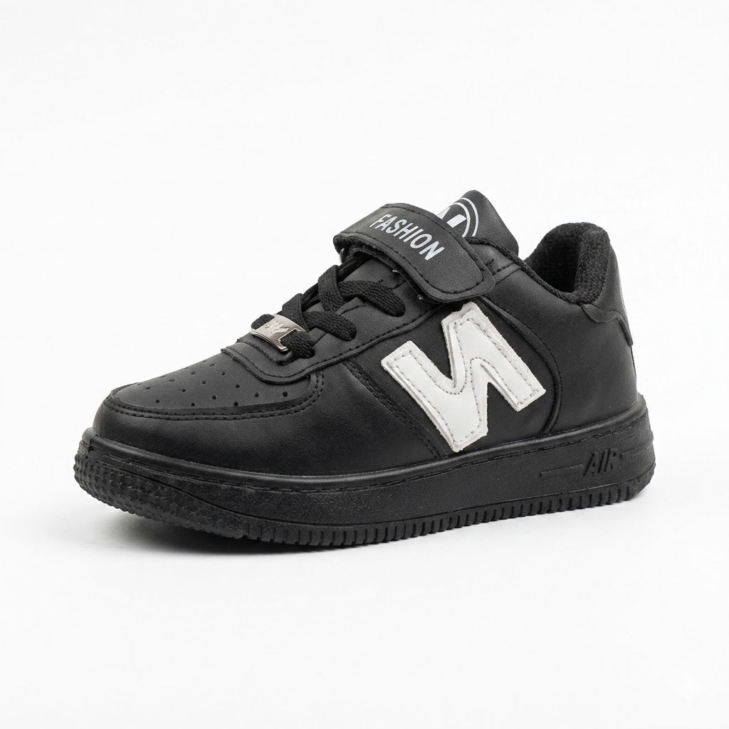 Kids' Black Casual Sneaker with Strap and Contrast Detail