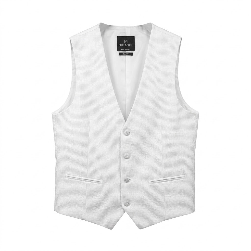Full & Full Men's Slim Fit Formal Waistcoat – Premium Textured Crisp White Dress Vest