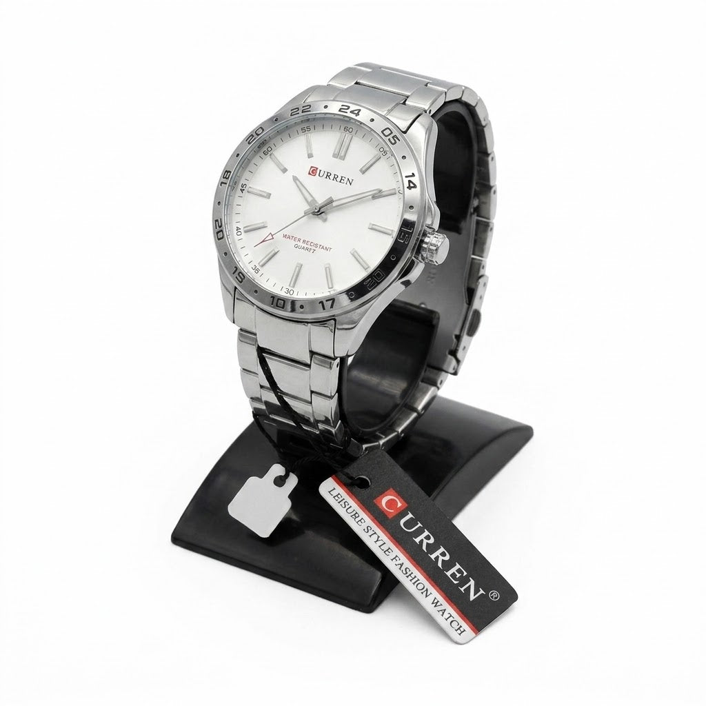 CURREN Men's Classic Quartz Watch – Sleek White Dial with All-Silver Stainless Steel Band and GMT-Style Bezel