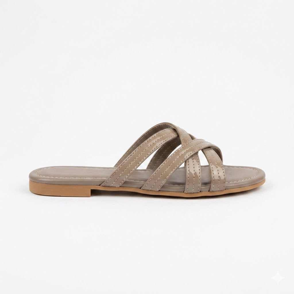 Women's Strappy Patent Slide Sandals – Glossy Taupe