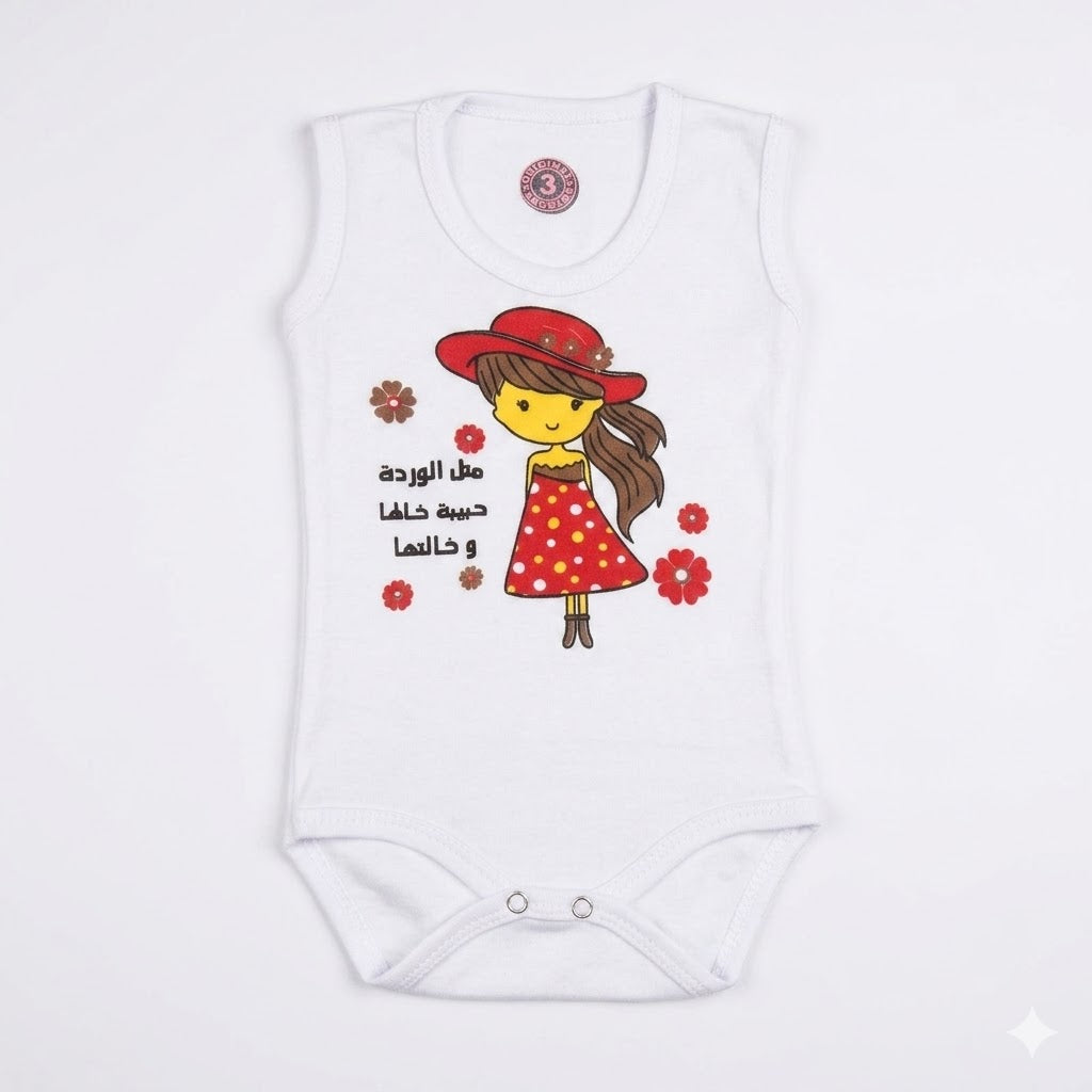 Sleeveless White Cotton Baby Onesie – Cute Girl & Flower Graphic with Sweet Arabic Text