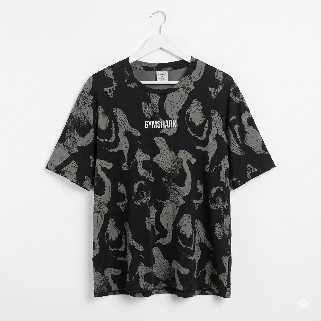 Gymshark Men's Topographic Camo Graphic T-Shirt – Black & Grey