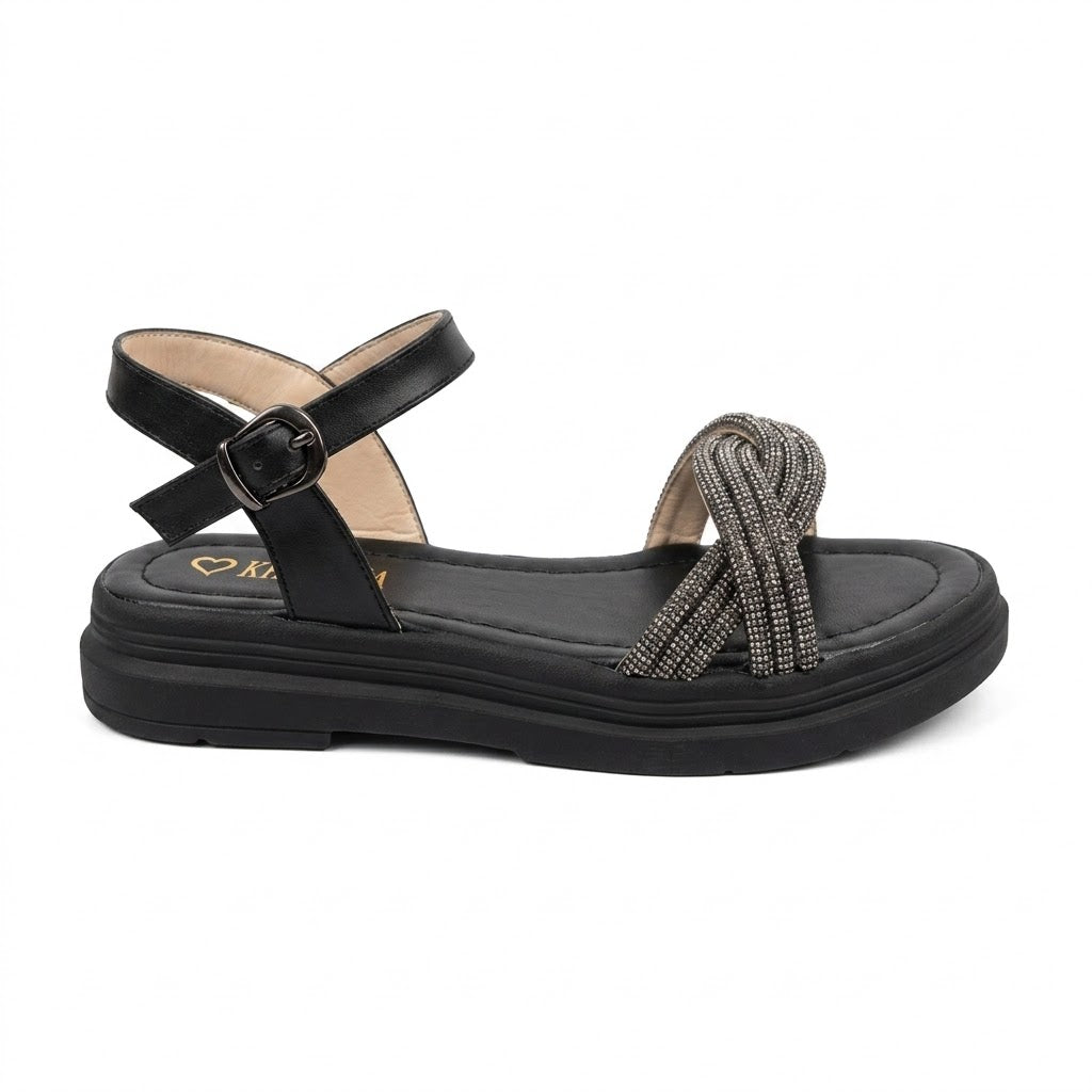 Black Platform Ankle-Strap Sandals with Knotted Rhinestone Strap