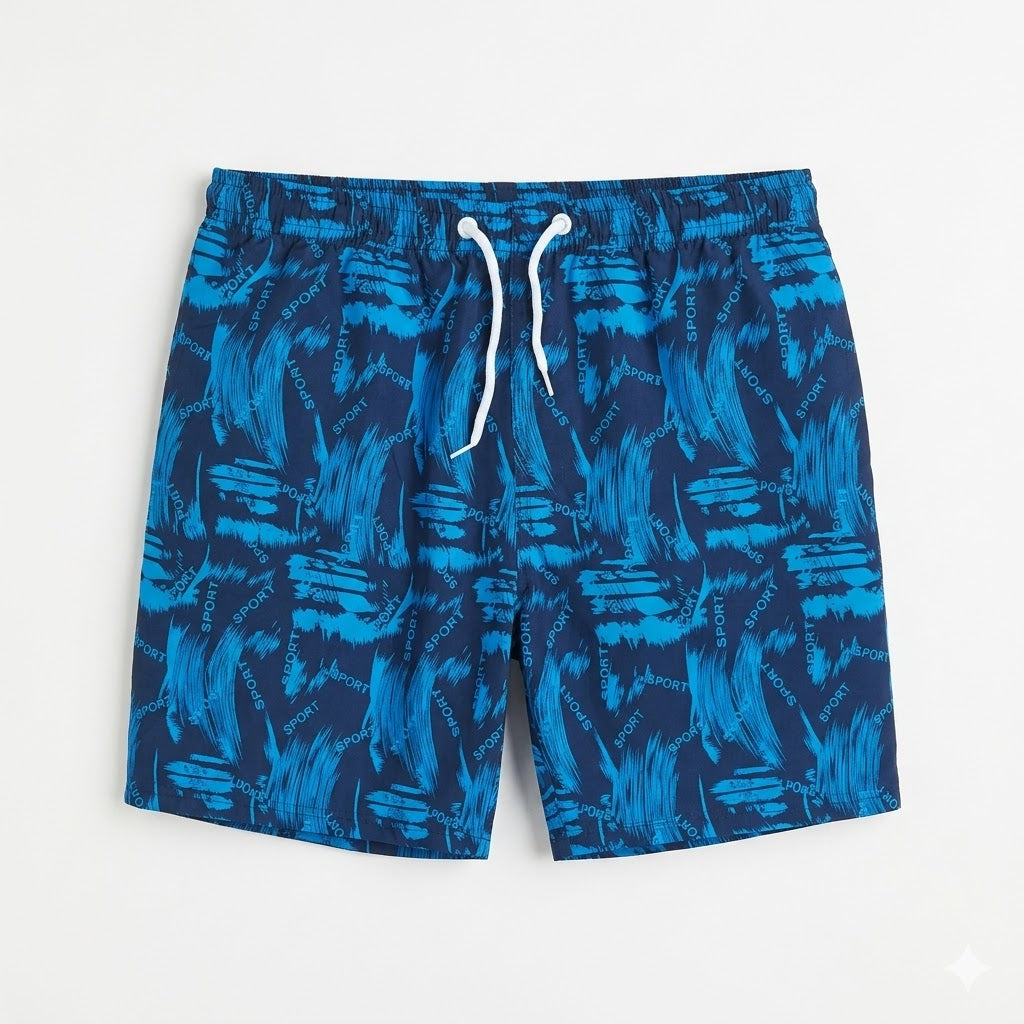 Men's Graphic All-Over "SPORT" Print Swim Shorts – Two-Tone Blue