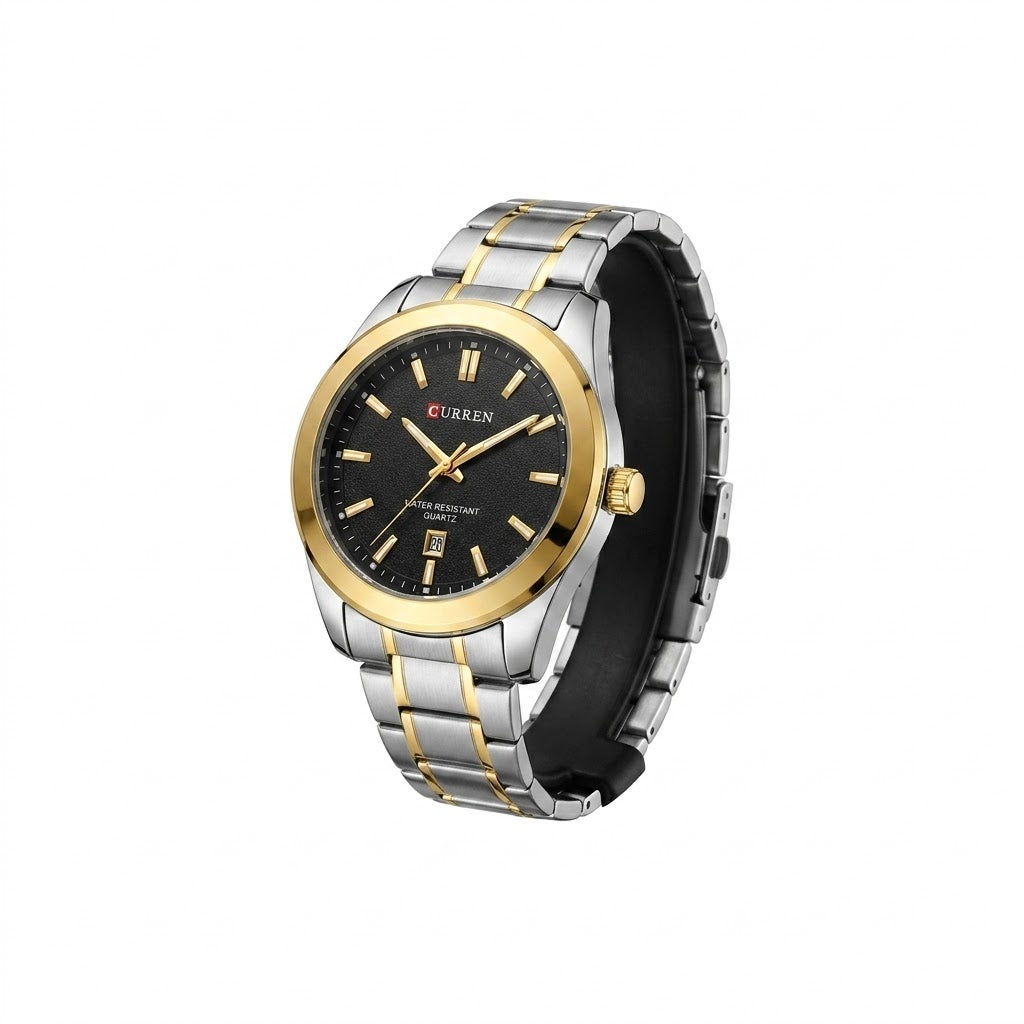 CURREN Men's Luxury Quartz Watch – Classic Black Dial with Two-Tone Gold & Silver Stainless Steel Band