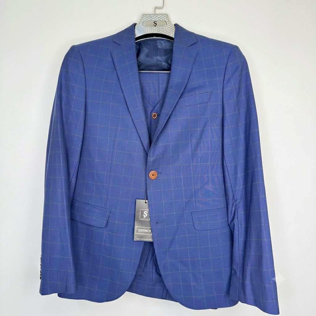 ŞAHİMEN Men's Slim Fit Blue Plaid Three-Piece Suit – Elegant Textured Blazer, Vest & Trousers Set