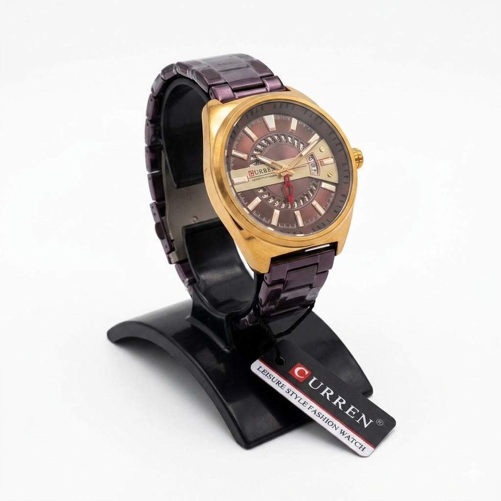 CURREN Men's Luxury Fashion Watch – Futuristic Multi-Layered Dial with Gold Casing and Deep Purple Metallic Band