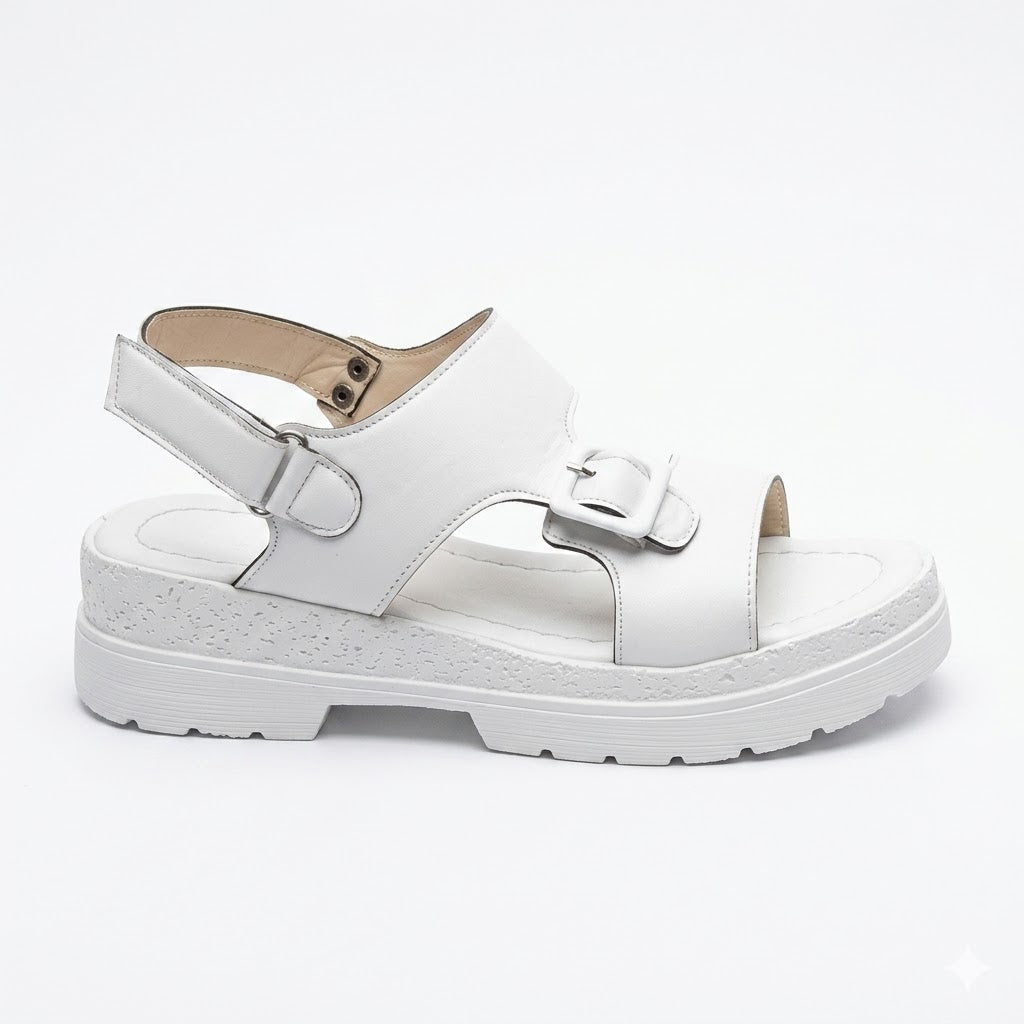 Women's All-White Chunky Platform Sport Sandals with Buckle Detailing