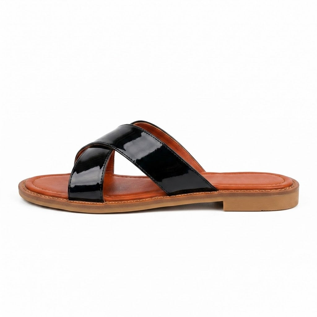 Women's Patent Leather Cross-Strap Slide Sandals – Black & Tan