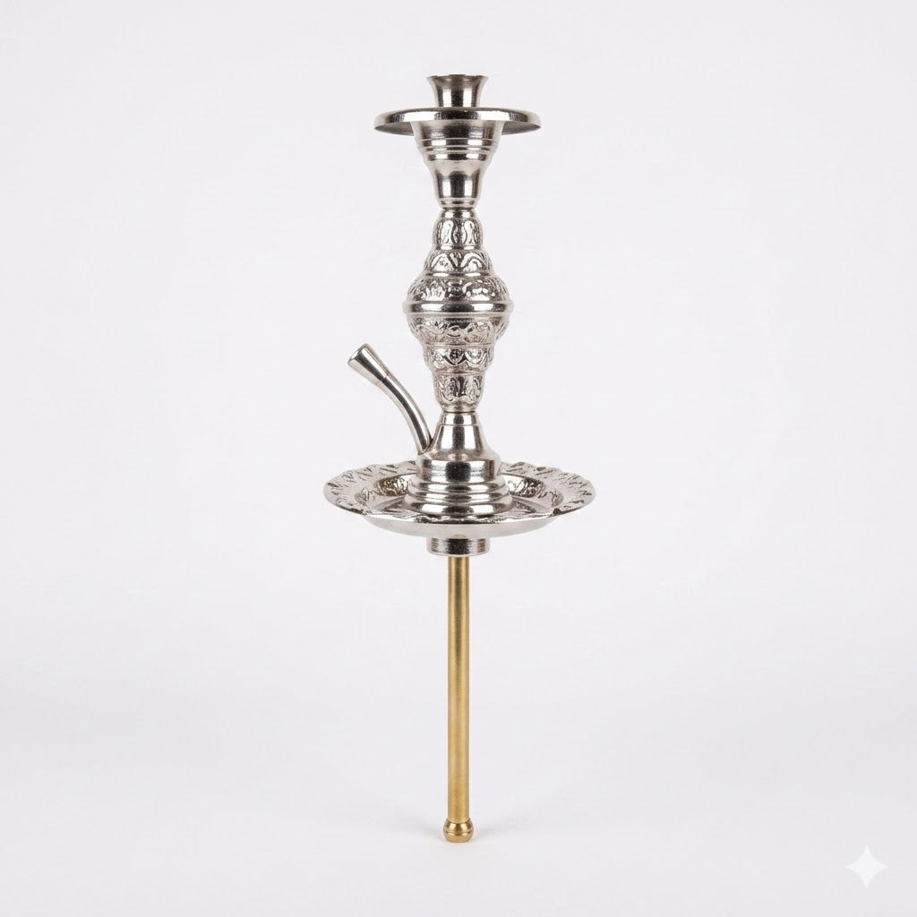 Ornate Engraved Silver Shisha Stem (Stem only) with Brass Downstem and Integrated Catcher Tray