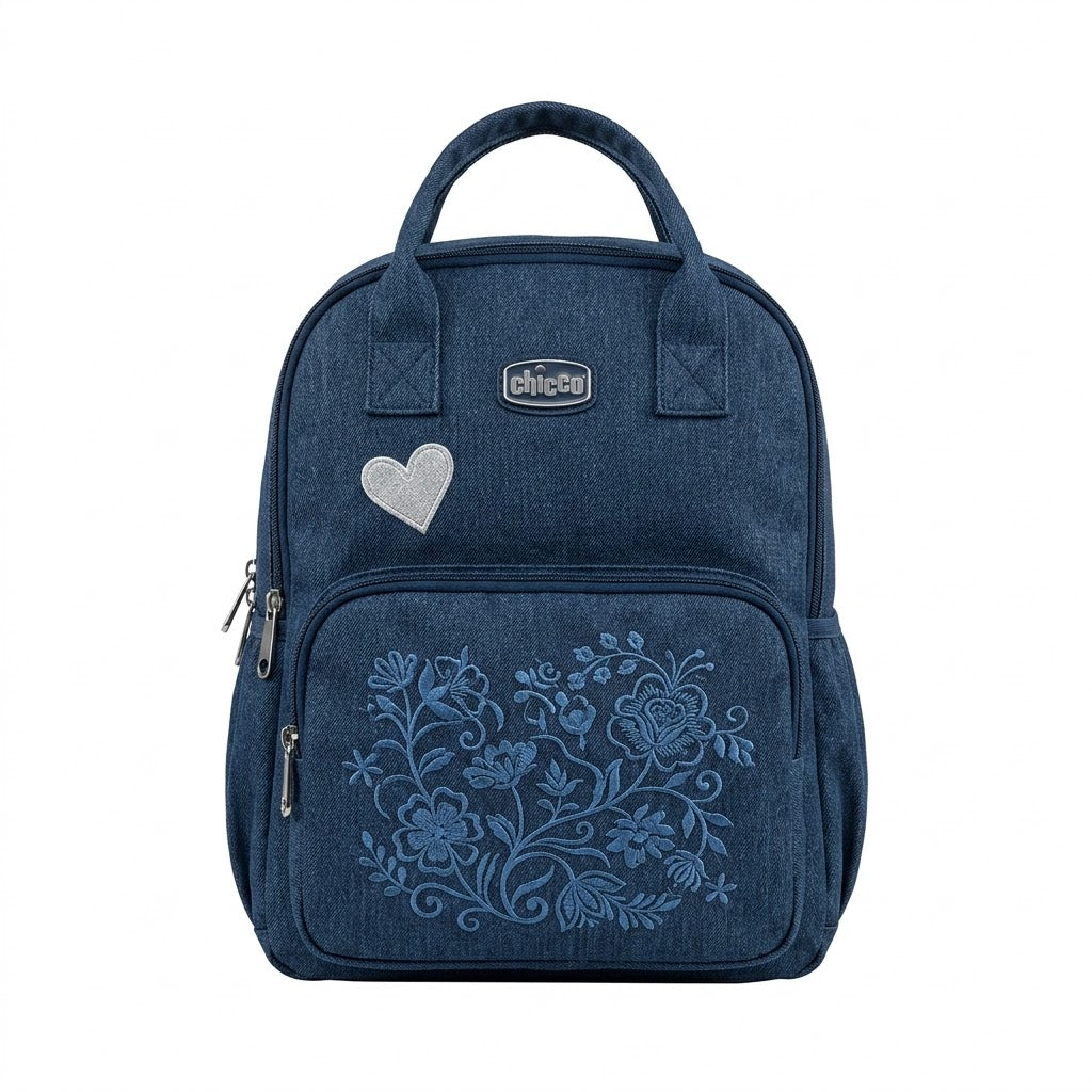 Chicco Embroidered Diaper Backpack – Dark Denim Blue with Floral Motif & Heart Accent