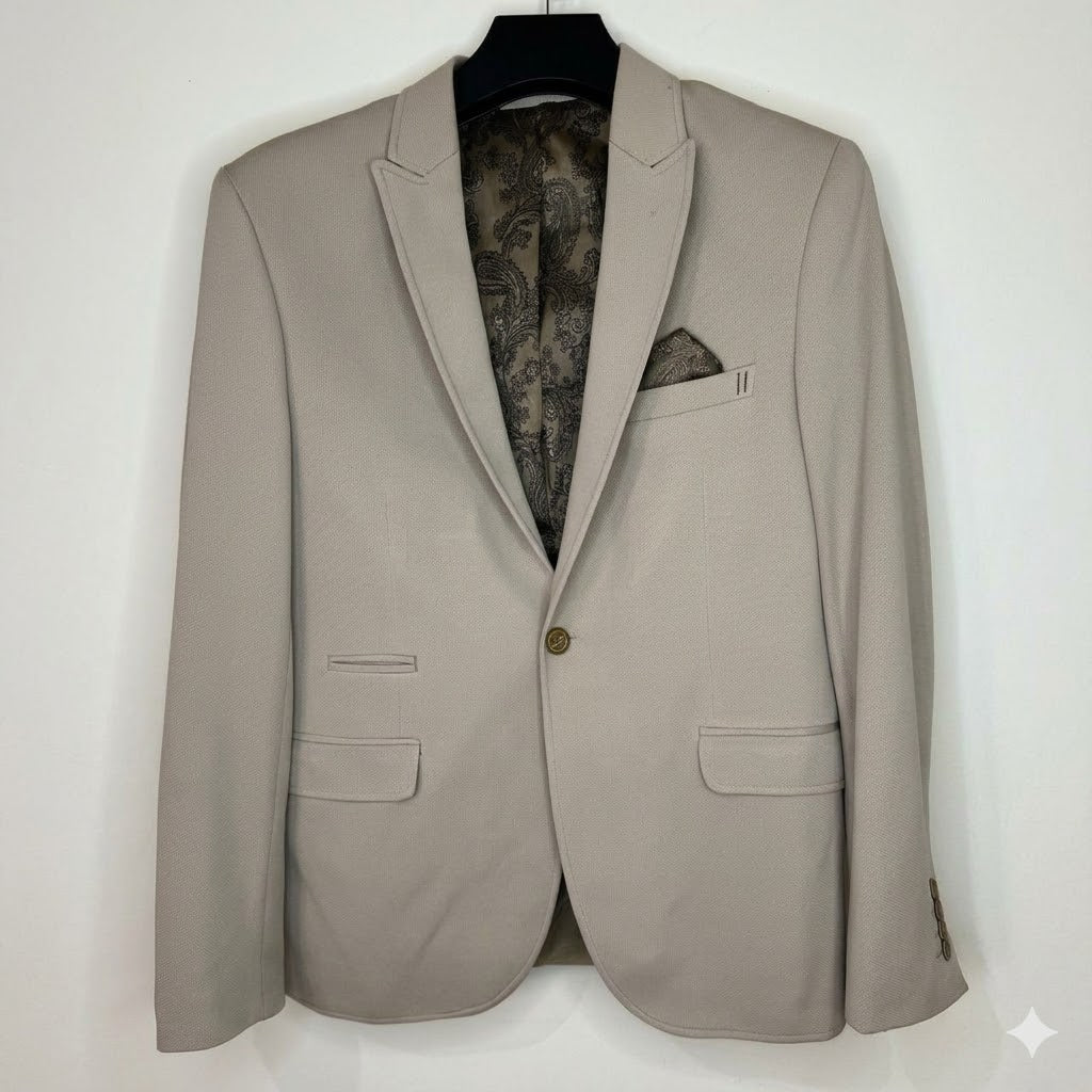 Men's Slim Fit Peak Lapel Blazer – Beige/Tan Textured Jacket with Paisley Lining & Pocket Square
