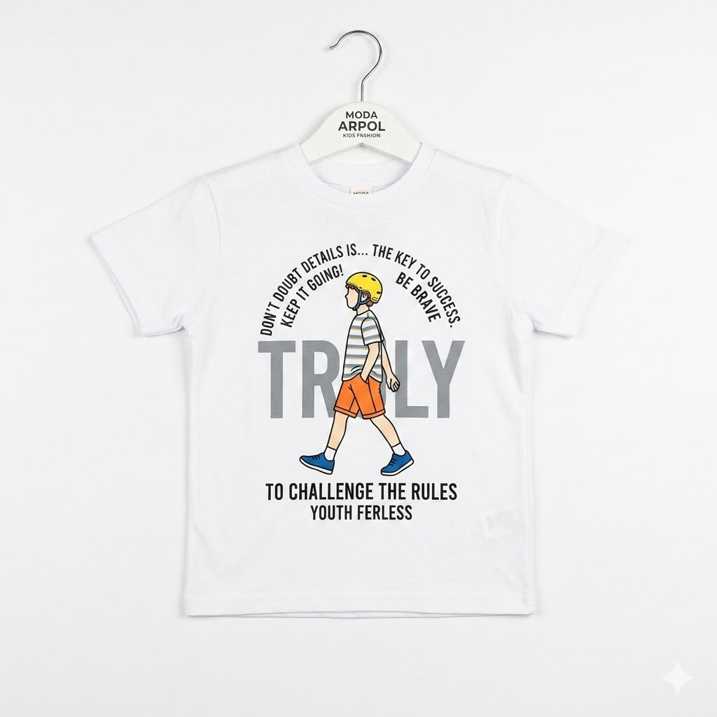 BOBITO Kids' "TRULY" Graphic Print Casual White Crewneck T-Shirt