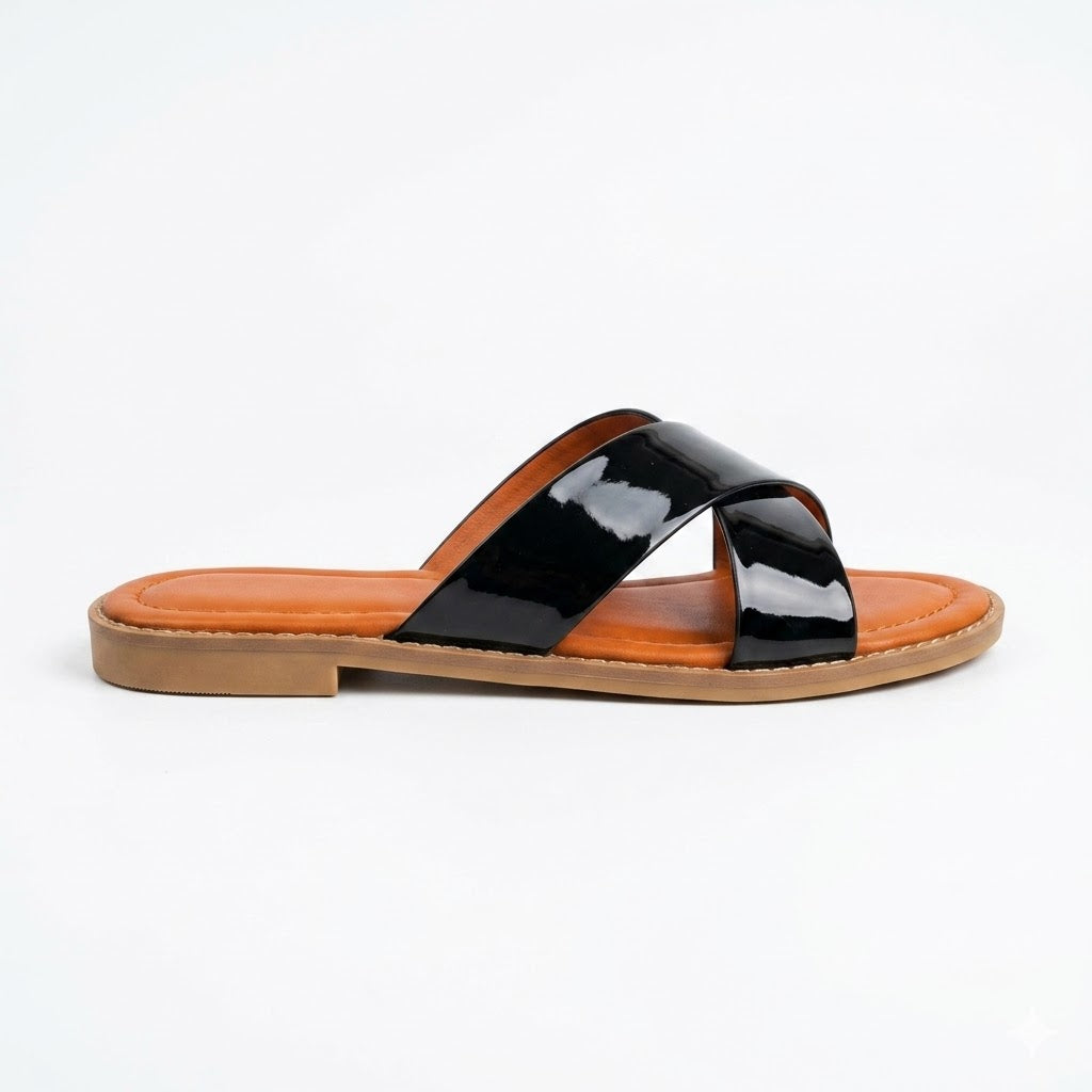 Women's Patent Leather Criss-Cross Slide Sandals – Glossy Black & Tan