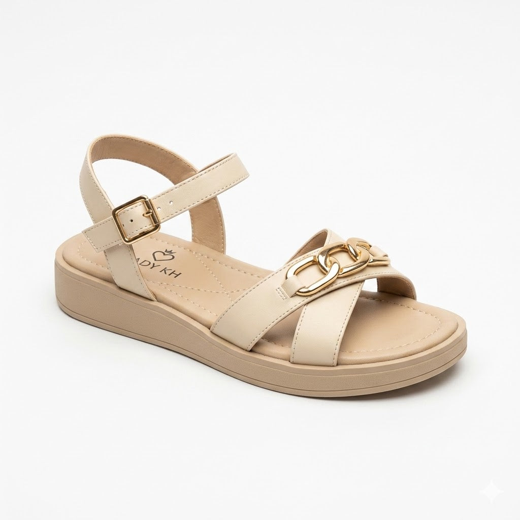Beige Platform Ankle-Strap Sandals with Gold Chain Accent