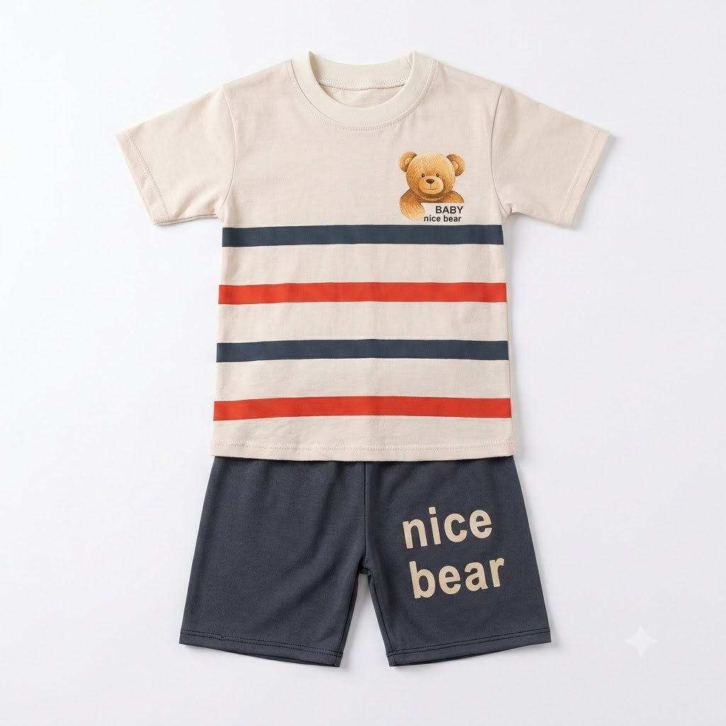 "Nice Bear" Toddler & Kids Two-Piece Summer Outfit Set – Striped T-Shirt & Shorts