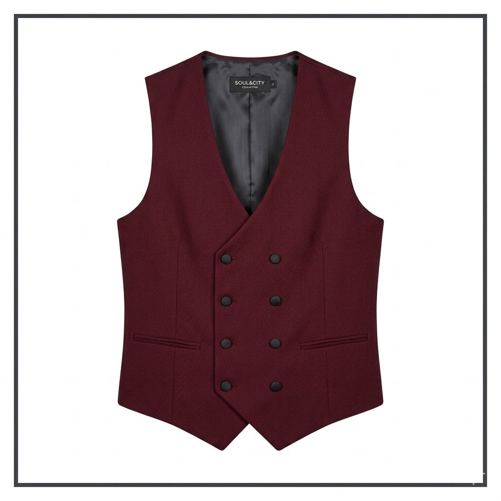 Premium Men's Burgundy Double-Breasted Waistcoat