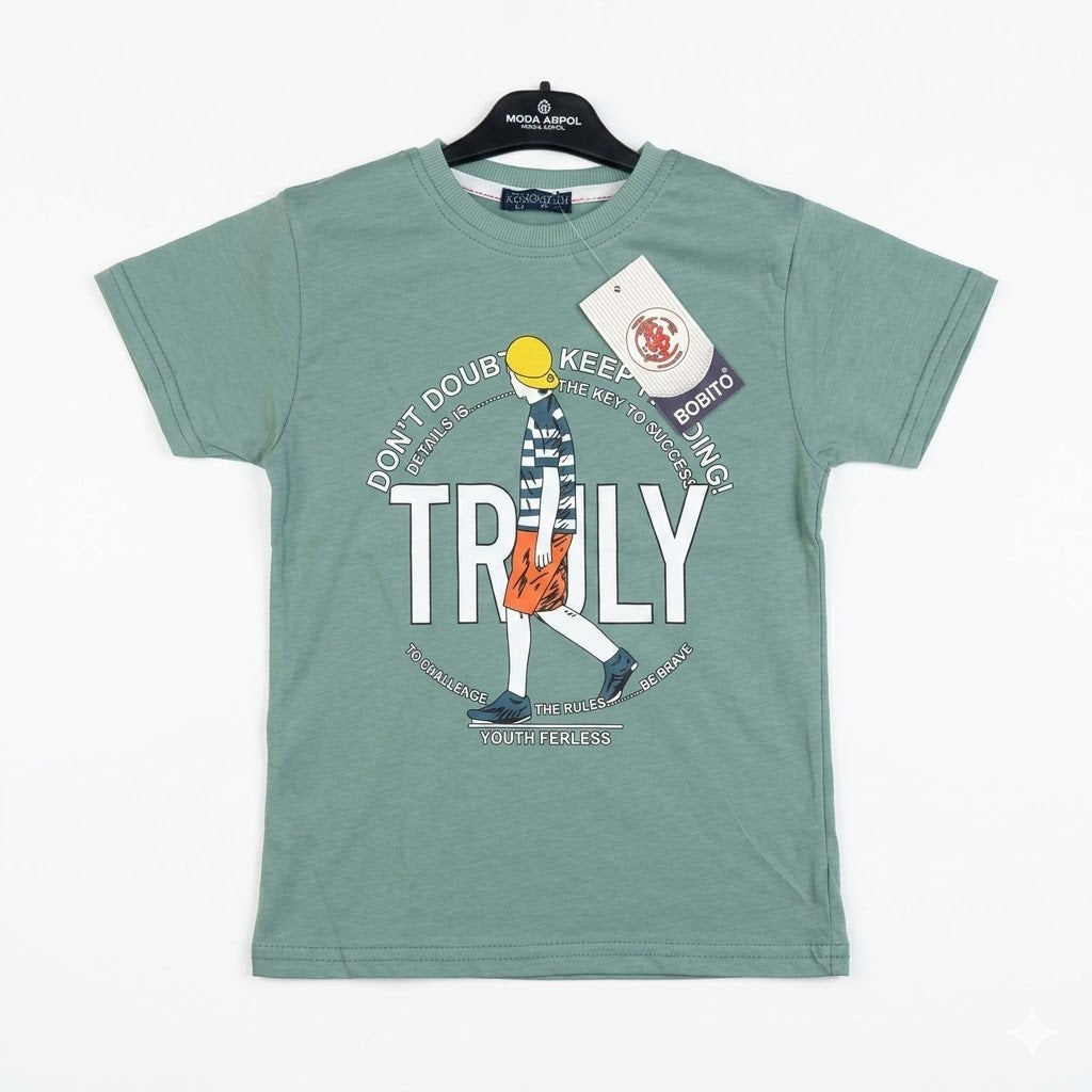 BOBITO Boys' "TRULY" Graphic Print Sage Green Crewneck T-Shirt