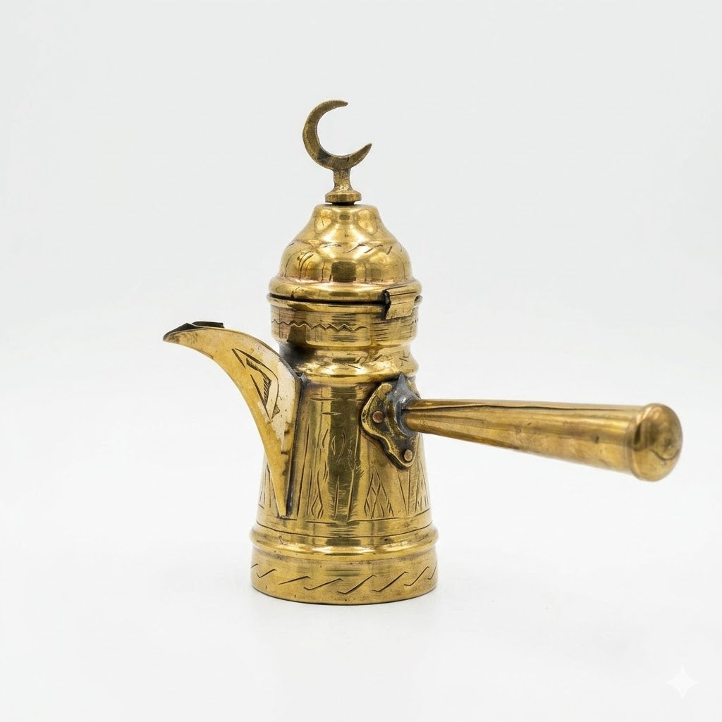 Vintage Ornate Engraved Brass Turkish/Arabic Coffee Pot (Dallah) with Crescent Moon Finial