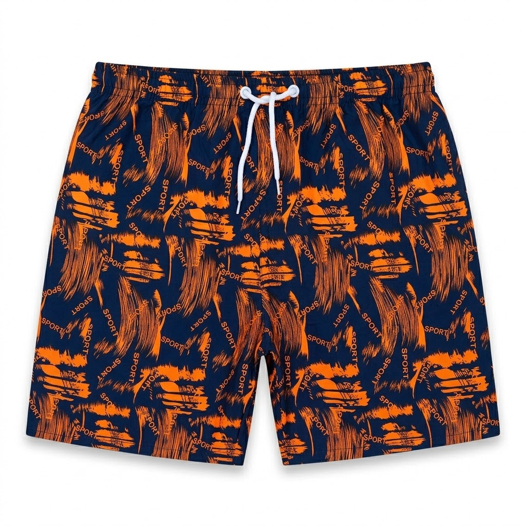 Men's Graphic All-Over "SPORT" Print Swim Shorts – Navy & Orange