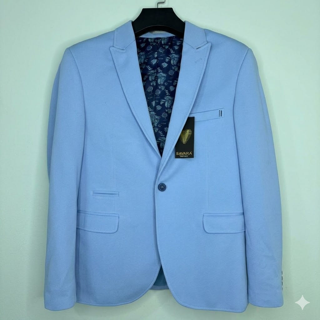 SAVARA Men's Slim Fit Sky Blue Blazer - Premium Summer Suit Jacket with Floral Lining