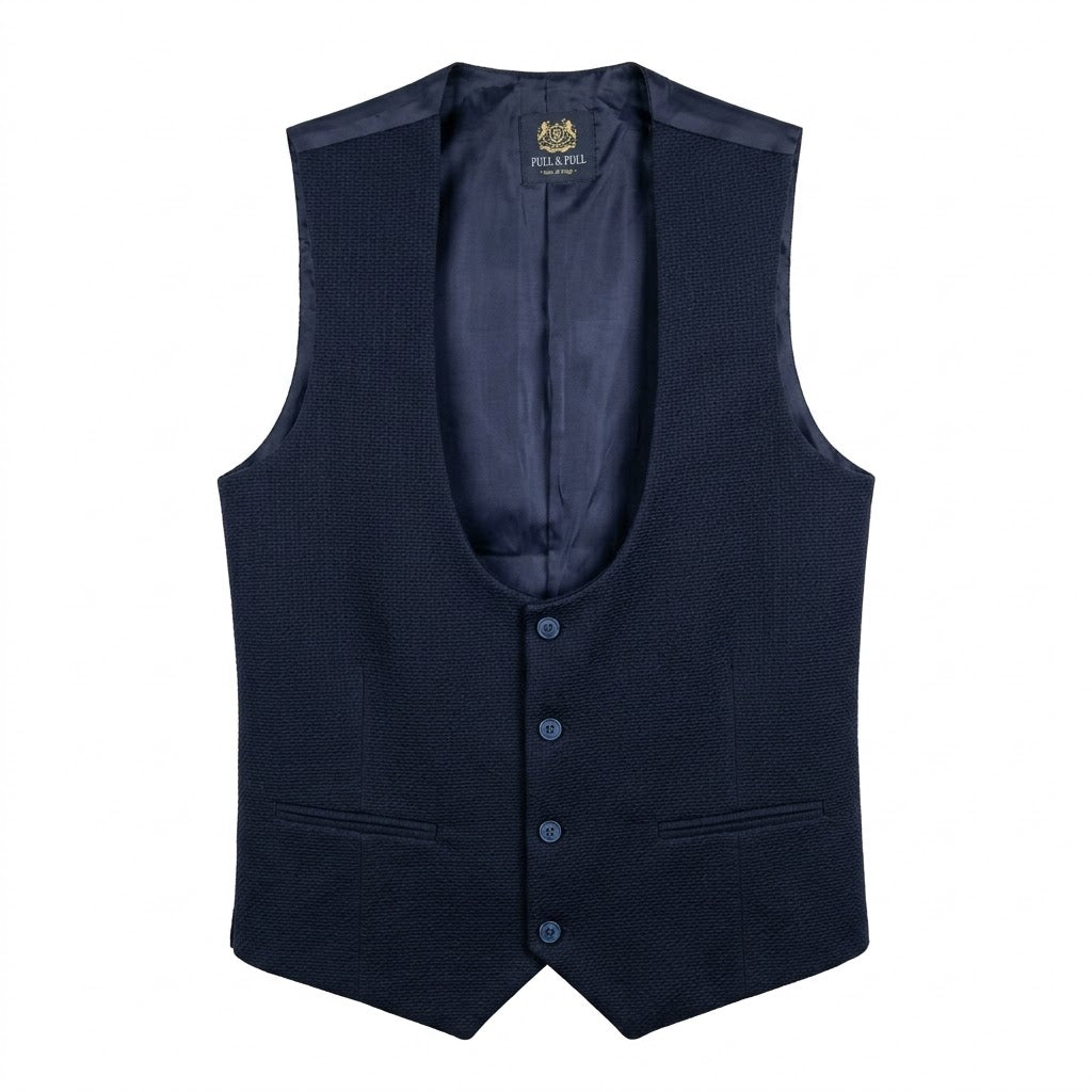 Full & Full Men's Slim Fit Horseshoe Waistcoat – Premium Navy Blue Textured Dress Vest