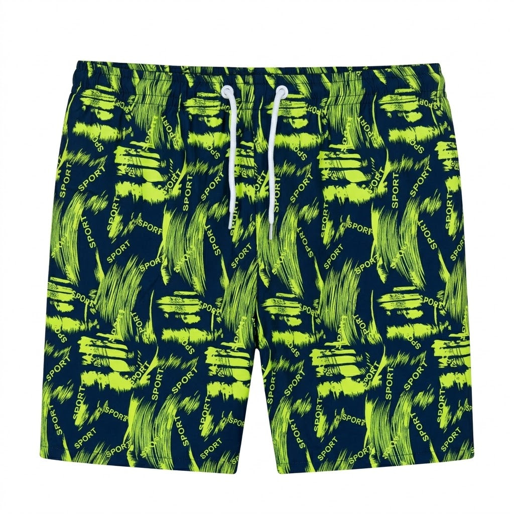 Men's Graphic All-Over "SPORT" Print Swim Shorts – Navy & Lime Green