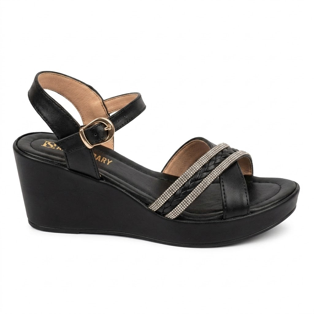 Black Wedge Sandals with Rhinestone and Braided Straps