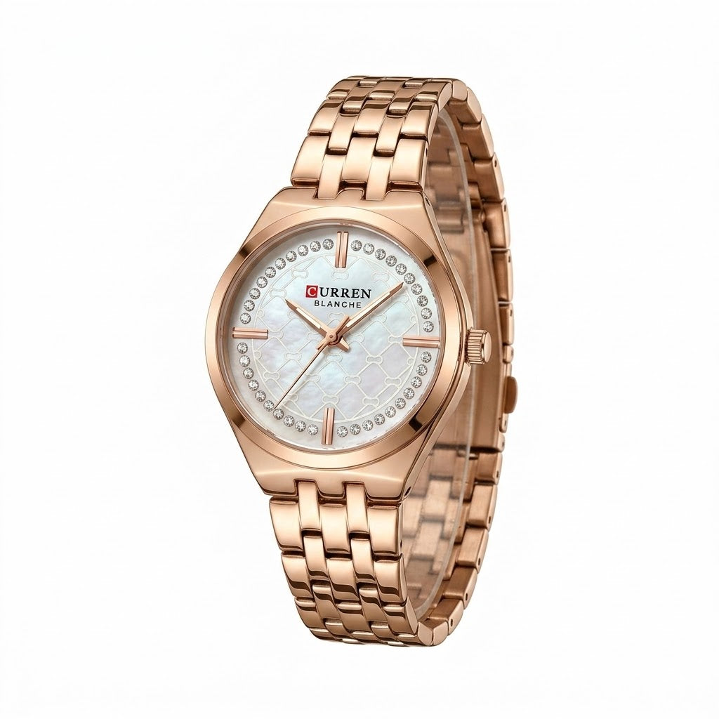 CURREN Blanche Luxury Women's Watch – Mother of Pearl Patterned Dial with Crystal Accents & Rose Gold Stainless Steel Bracelet