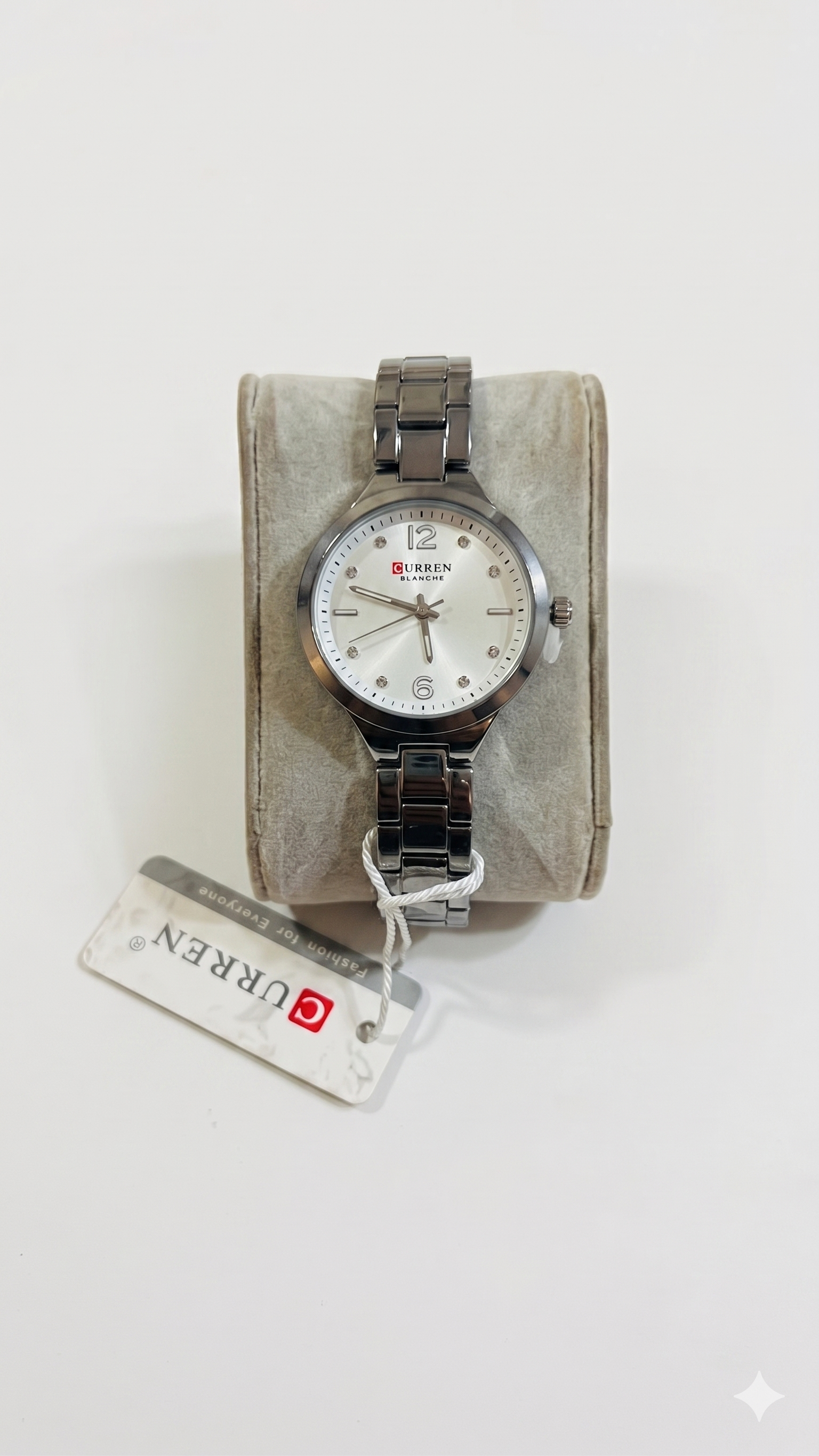 CURREN Blanche Elegant Women's Watch – Dark Silver Stainless Steel Link Bracelet with Sunray White Dial and Crystal Hour Markers