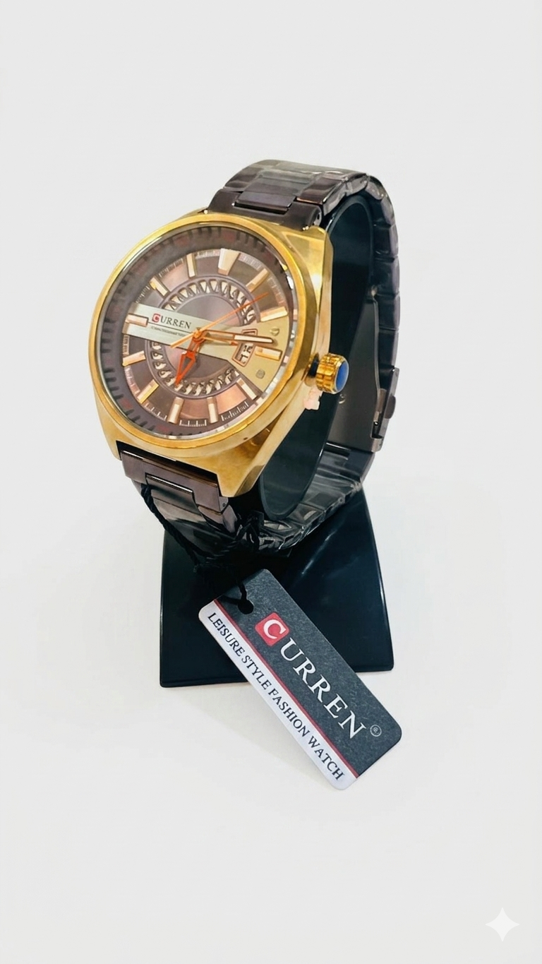 CURREN Men's Luxury Leisure Style Watch – Gold Case with Dark Metallic Band and Multi-Layered Industrial Dial