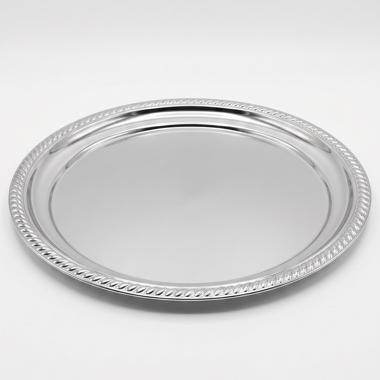 Premium Round Stainless Steel Serving Tray with Elegant Rope-Pattern Rim